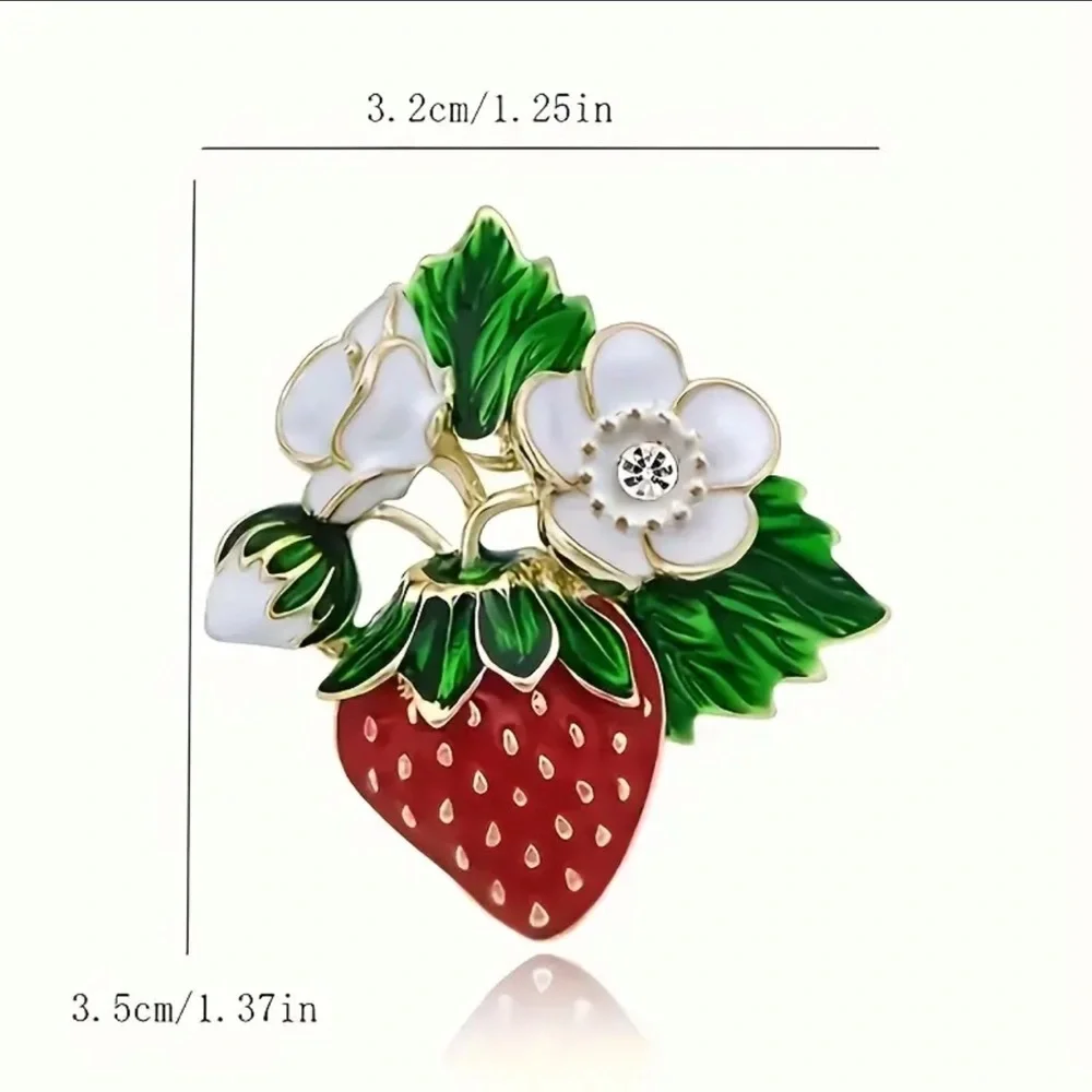 Strawberry Brooch Enameled with Floral Accents Gold Tone